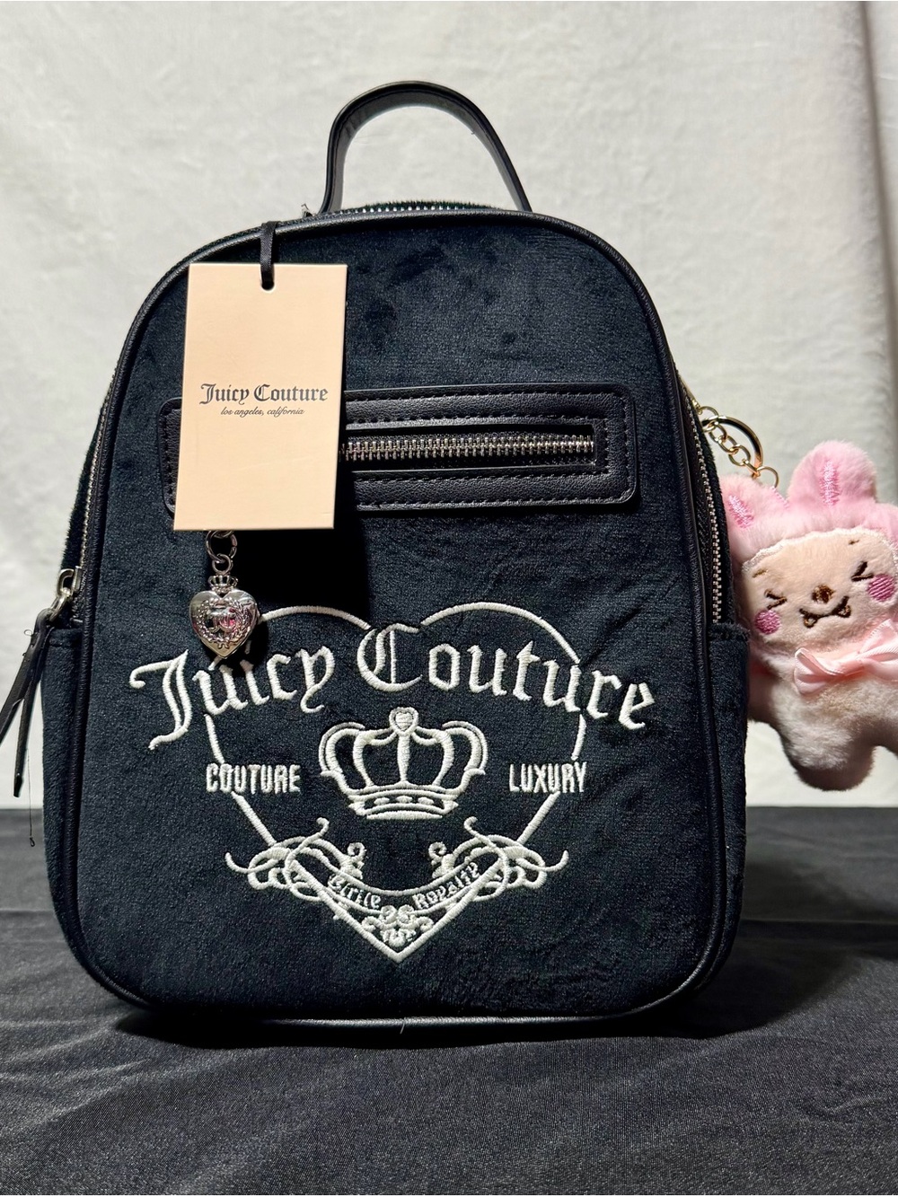 Juicy Couture Black Mini Velvet Backpack with Embroidered Logo